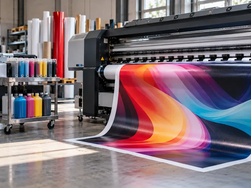 Geniş format baskı makinesi, renkli baskı ve arabada CMYK mürekkep şişeleri