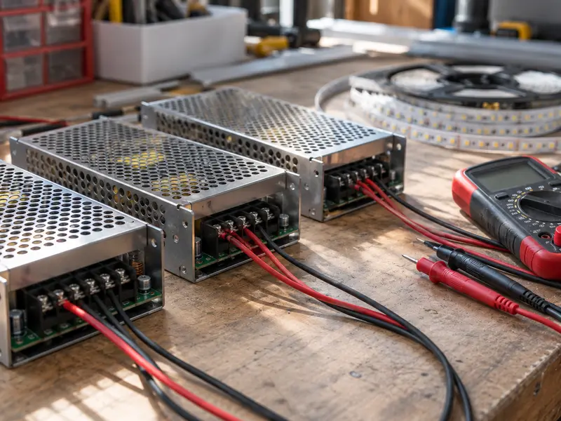 Tezgâhta kablolanmış metal kasa LED adaptörler ve multimetre