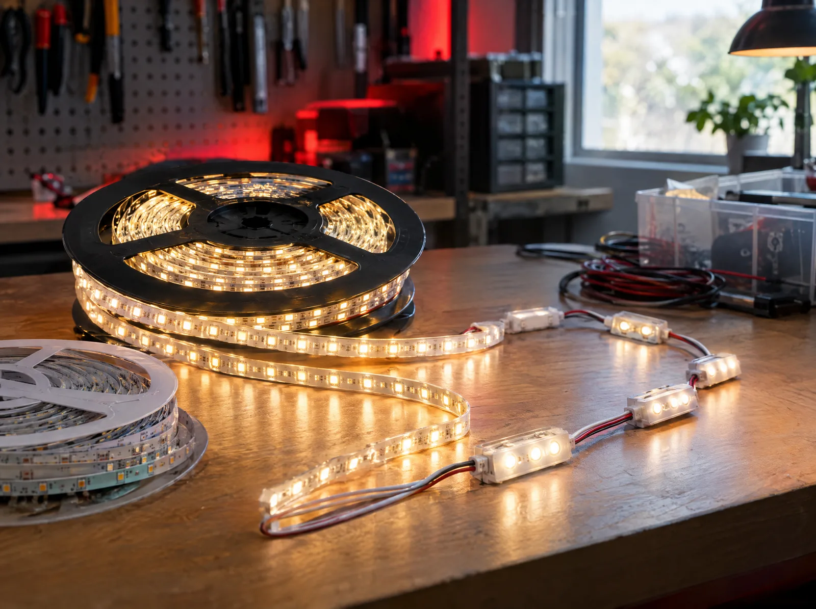 Tezgah üzerinde LED şerit makaraları ve zincirlenmiş LED modüller