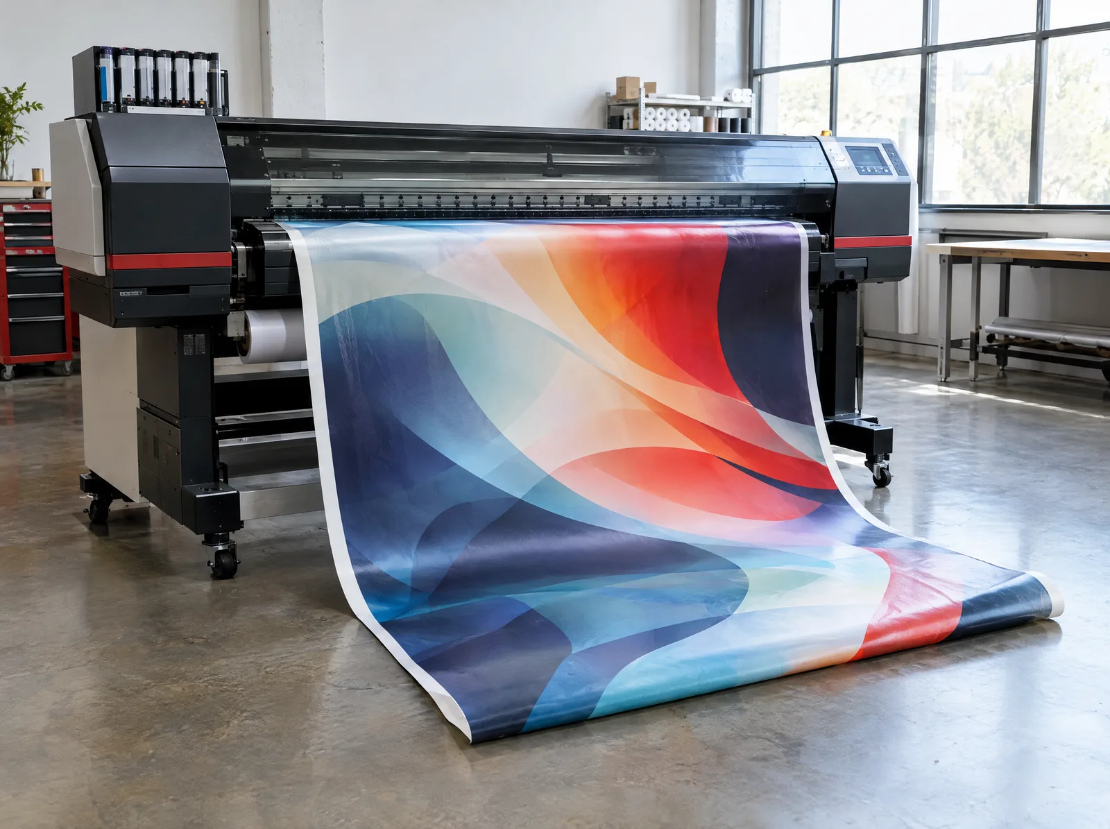 Impresora de gran formato sacando una lona de colores hasta el suelo
