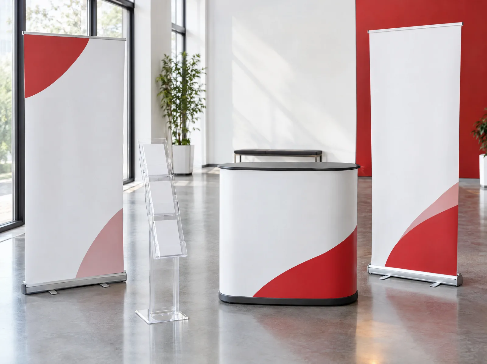 Heller Showroom mit Roll-ups und einem Prospektständer