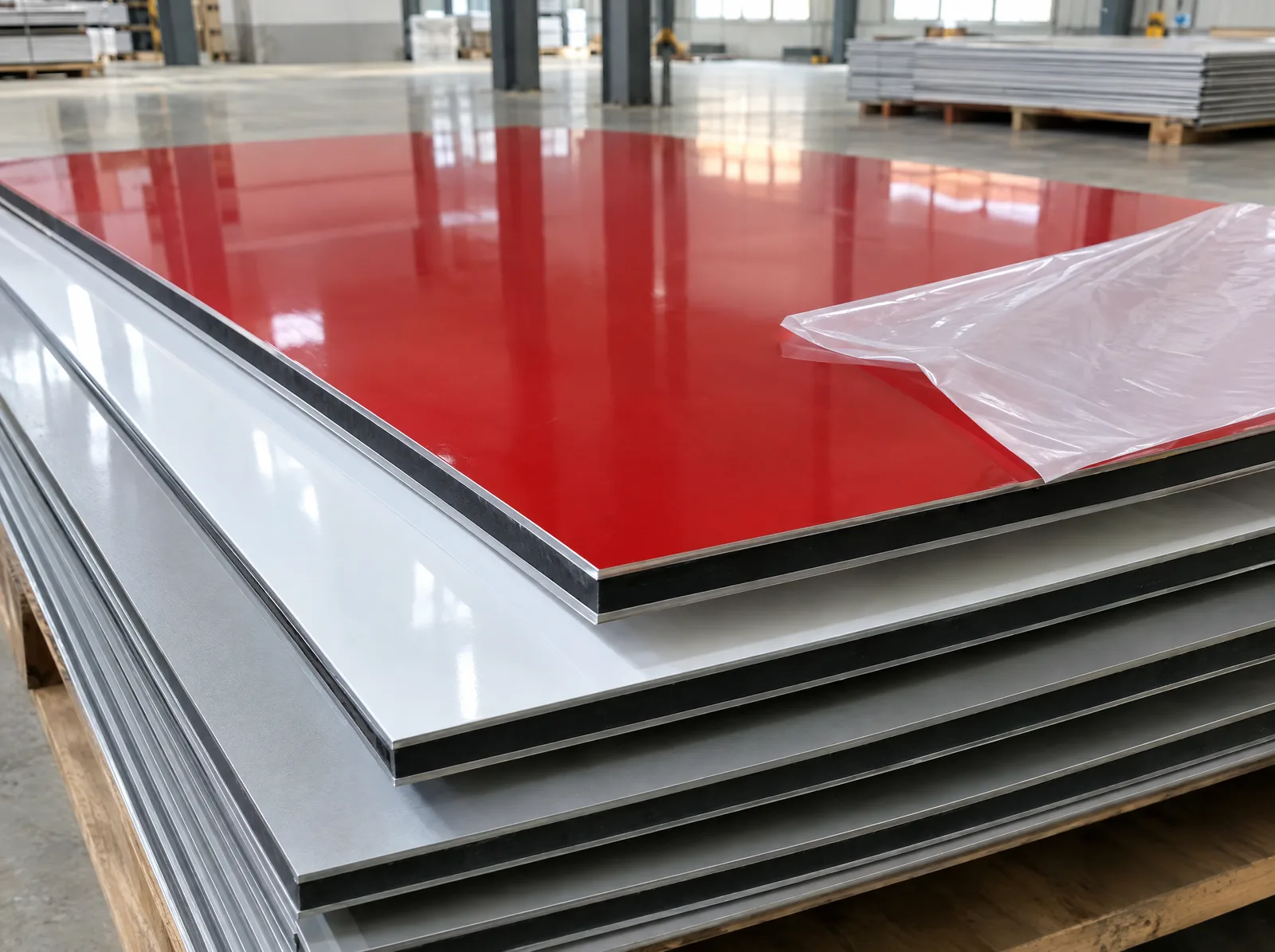 Red and grey aluminium composite panels with the protective film partly peeled back