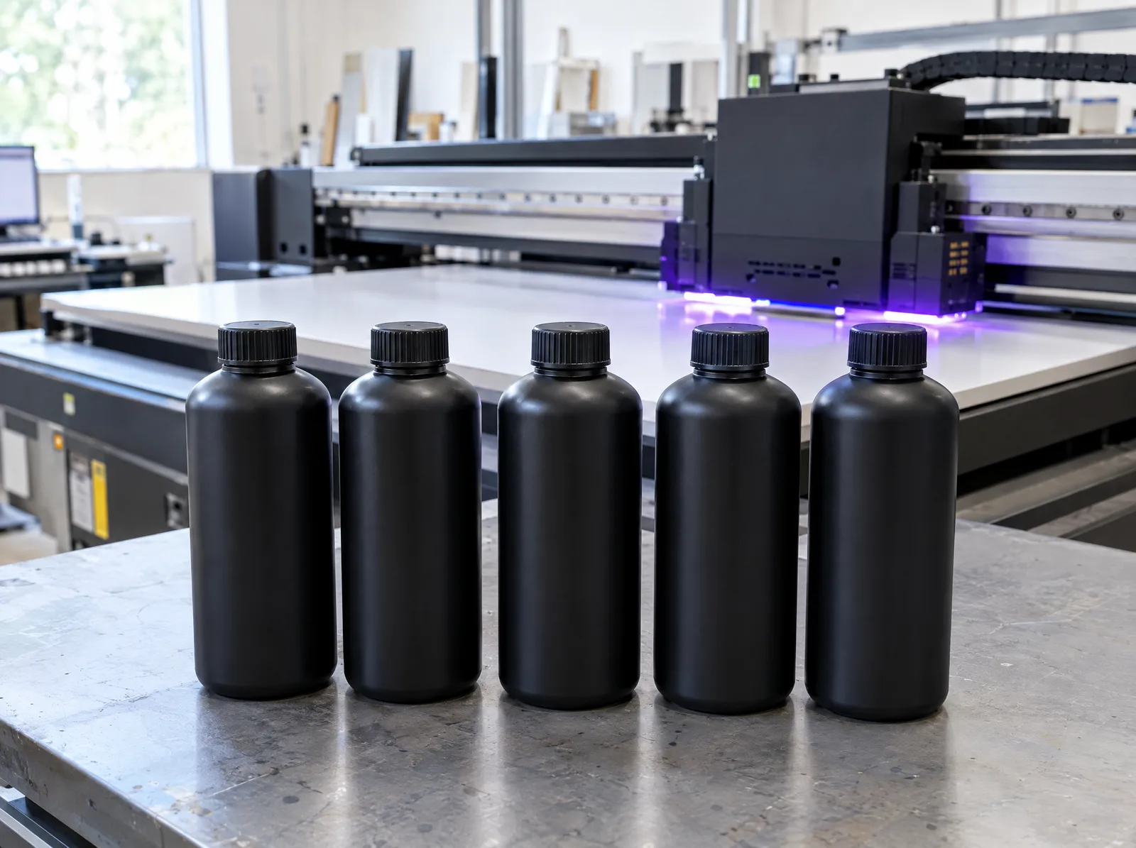 Opaque black UV ink bottles in front of a flatbed UV printer