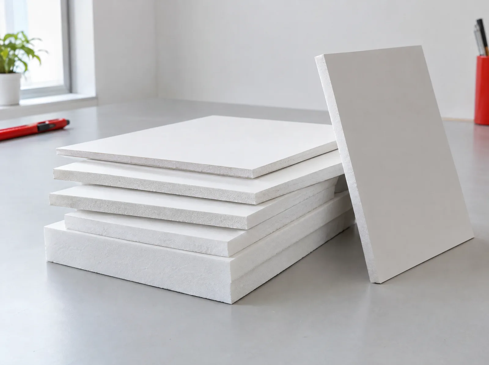 Weiße Leichtschaumplatten in verschiedenen Dicken auf einem Tisch