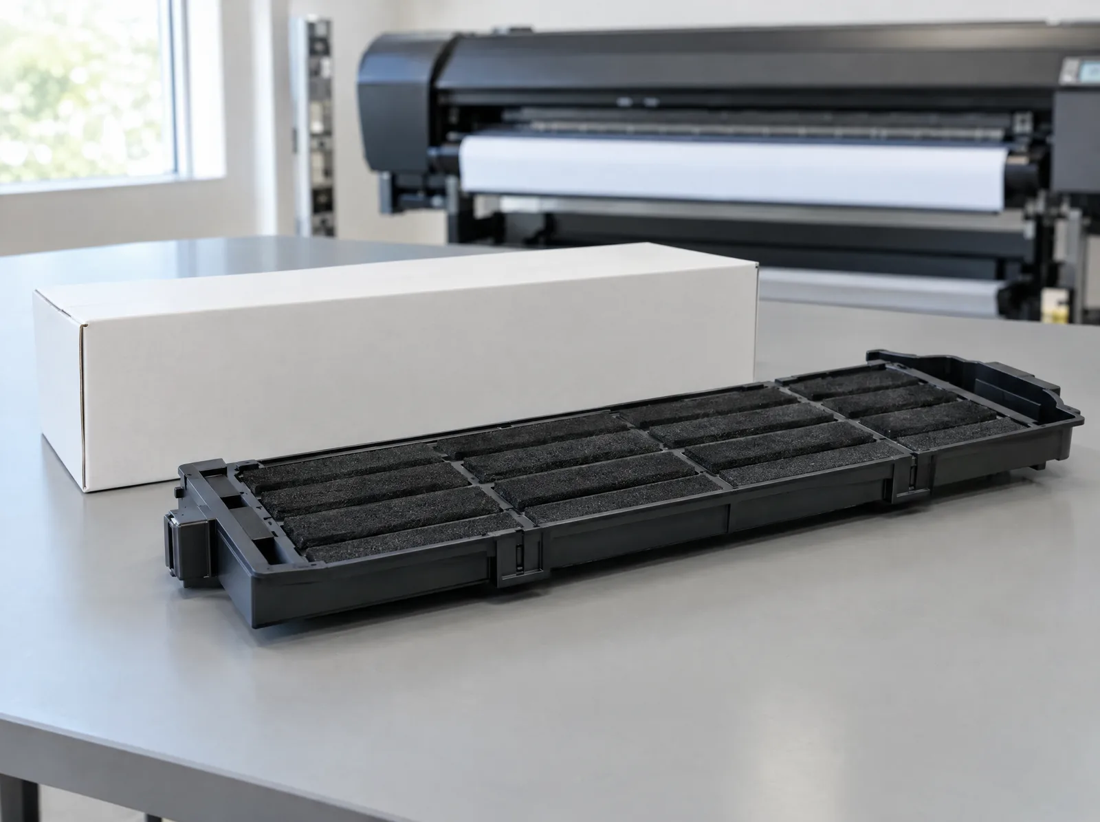 Black tray-shaped maintenance cartridge and its box for a latex printer