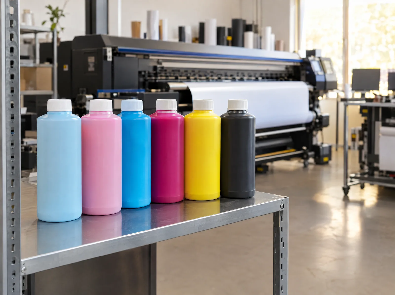 Six-colour eco-solvent ink bottles on a shelf in front of a printer