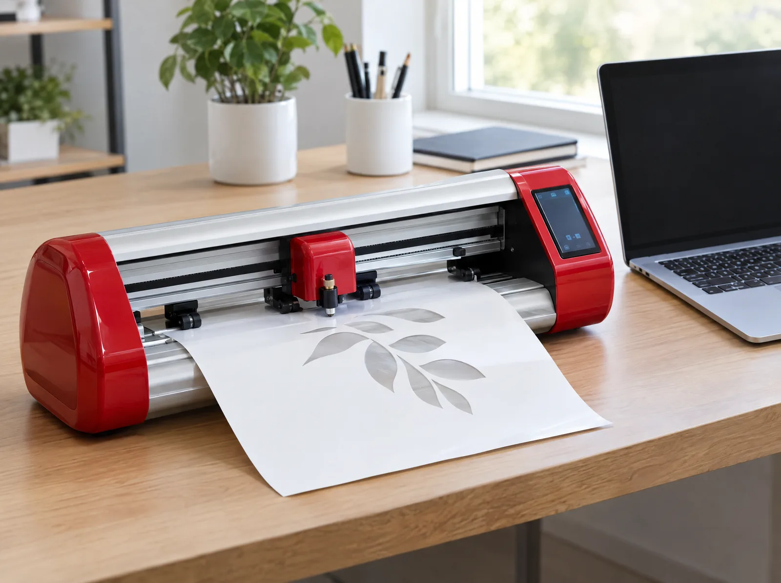 Red and silver desktop cutting plotter cutting white vinyl on a desk