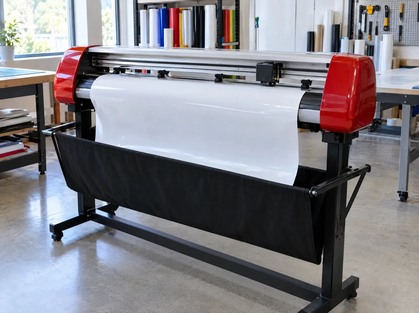 Plotter de corte de 120 cm rojo y plateado sobre soporte con rollo de vinilo blanco y cesta