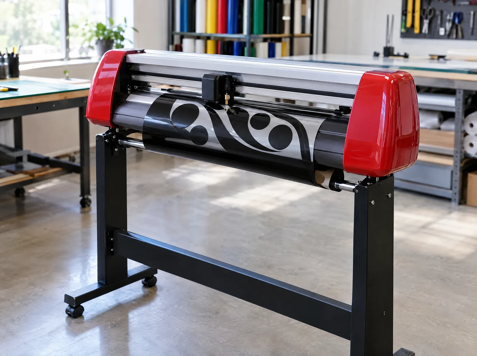 Red and silver 60 cm cutting plotter on a stand cutting black vinyl