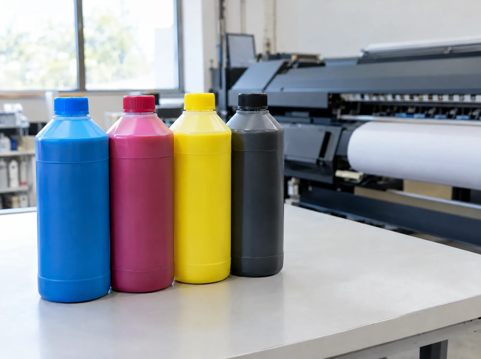 One-litre CMYK ink bottles next to a printing machine