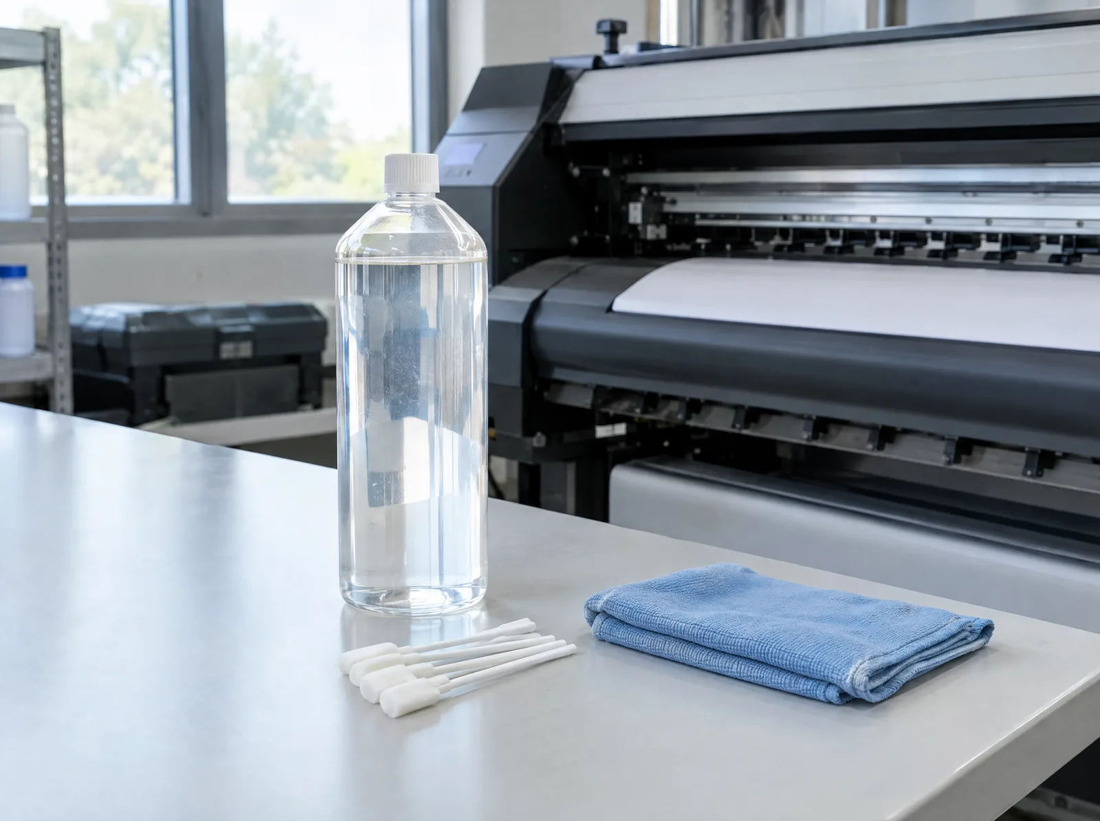 Cleaning fluid bottle, swab and cloth next to a printing machine