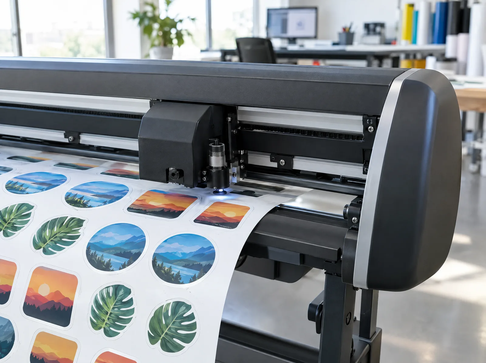 Close-up of a 60 cm vinyl cutter's camera head contour-cutting printed labels